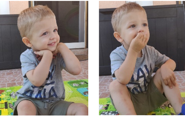 Dječačić na 2 slike pokazuje prstima kako medo jede.
